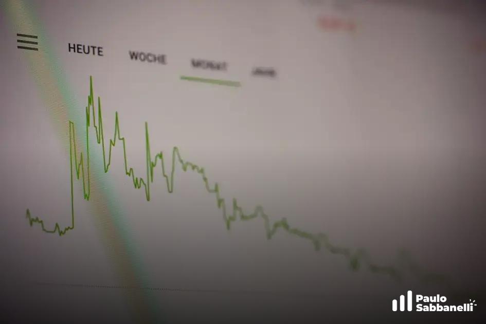 Gráfico desfocado em alemão com linha verde de cotação em tendência de queda