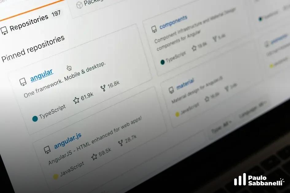 Tela de notebook exibindo repositórios fixados no GitHub, como Angular e Angular.js