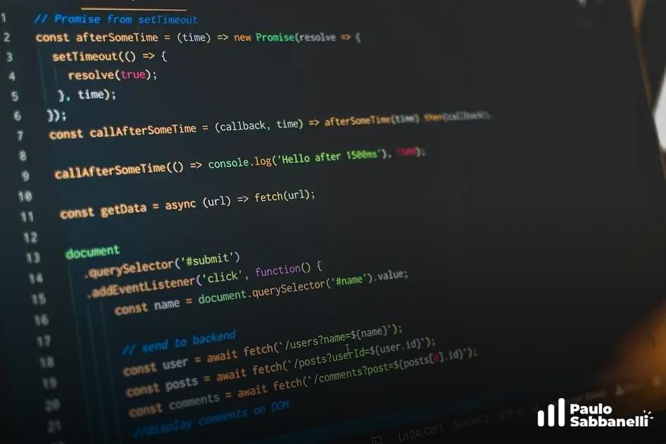 Tela com código JavaScript mostrando uma Promise, setTimeout e uma requisição fetch assíncrona
