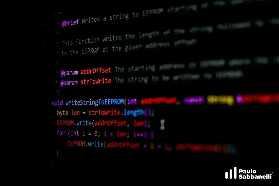 Código C desfocado em tons de rosa mostrando função que escreve uma string na memória EEPROM