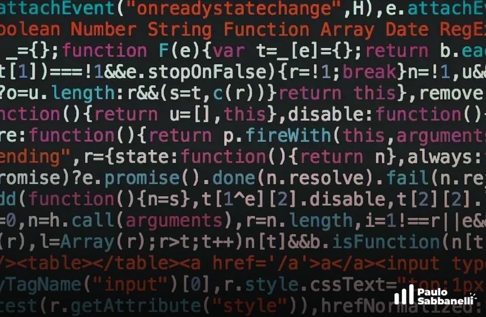 Código JavaScript minificado repleto de funções encadeadas em tela escura