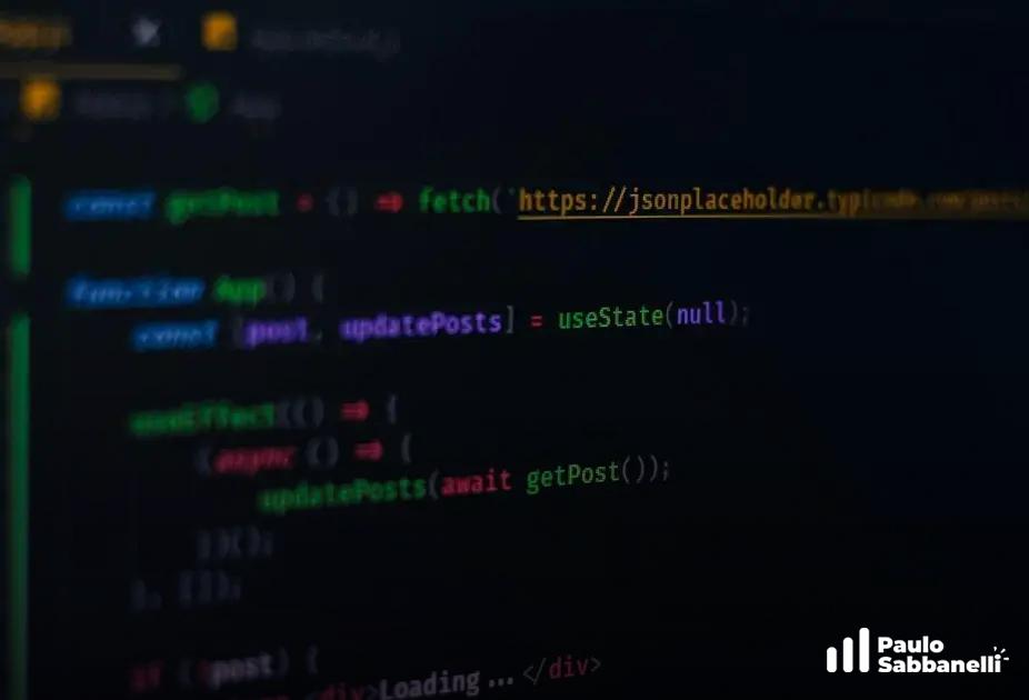Código JavaScript desfocado com useEffect e chamada fetch a uma API, tela escura ao fundo