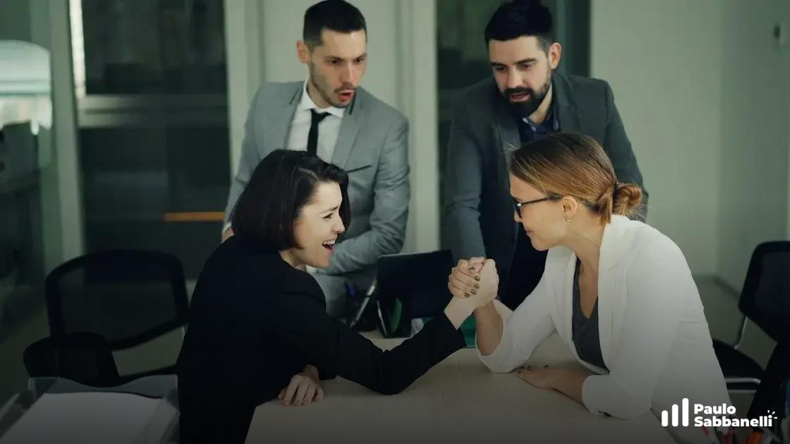 Duas mulheres disputam braço de ferro sobre mesa enquanto colegas observam sorrindo