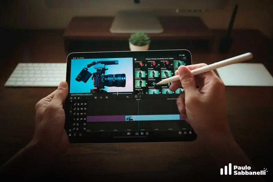 Mãos segurando tablet com aplicativo de edição de vídeo aberto sobre uma mesa de trabalho