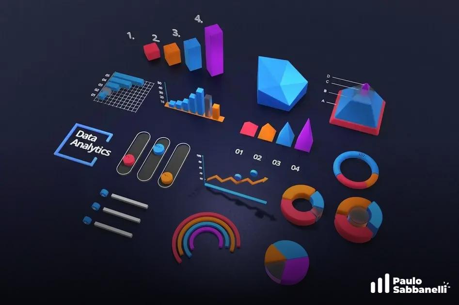 Ilustração 3D com gráficos, pizza e ícones coloridos representando dados e analytics