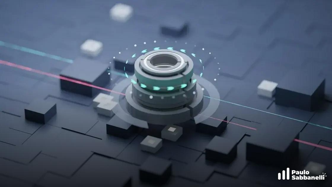 Ilustração 3D abstrata de um anel tecnológico brilhante sobre uma grade de blocos escuros