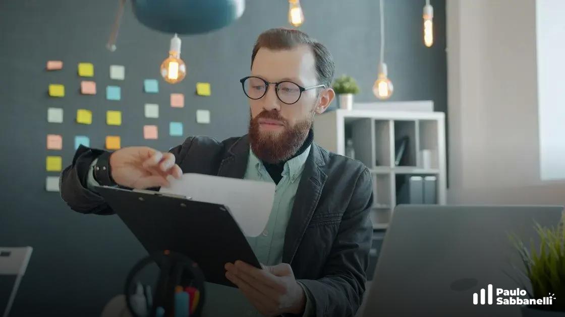 Homem de óculos revisa papéis em prancheta em escritório com post-its coloridos na parede