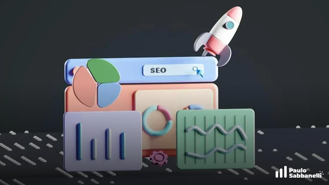 Ícones 3D com barra de busca SEO, foguete e gráficos coloridos sobre fundo escuro