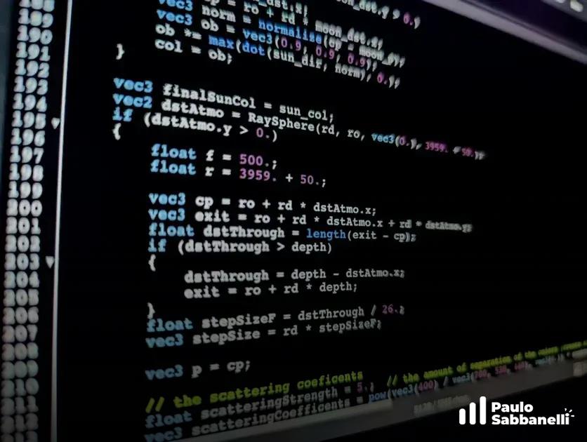 Código de shader em GLSL com cálculos de dispersão atmosférica e raios de luz solar