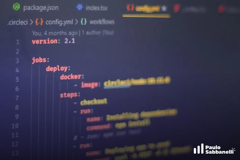 Editor de código exibindo arquivo de configuração do CircleCI com etapas de deploy via Docker
