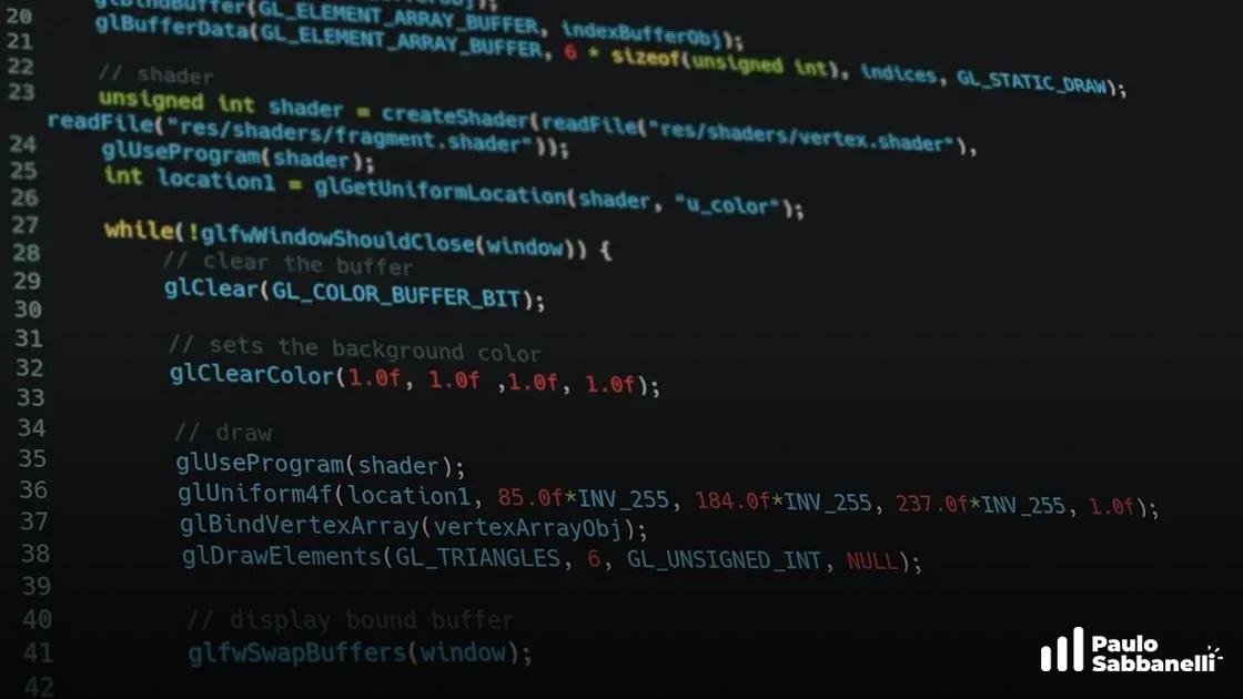 Código em C mostrando funções OpenGL como glClear, glUseProgram e glDrawElements