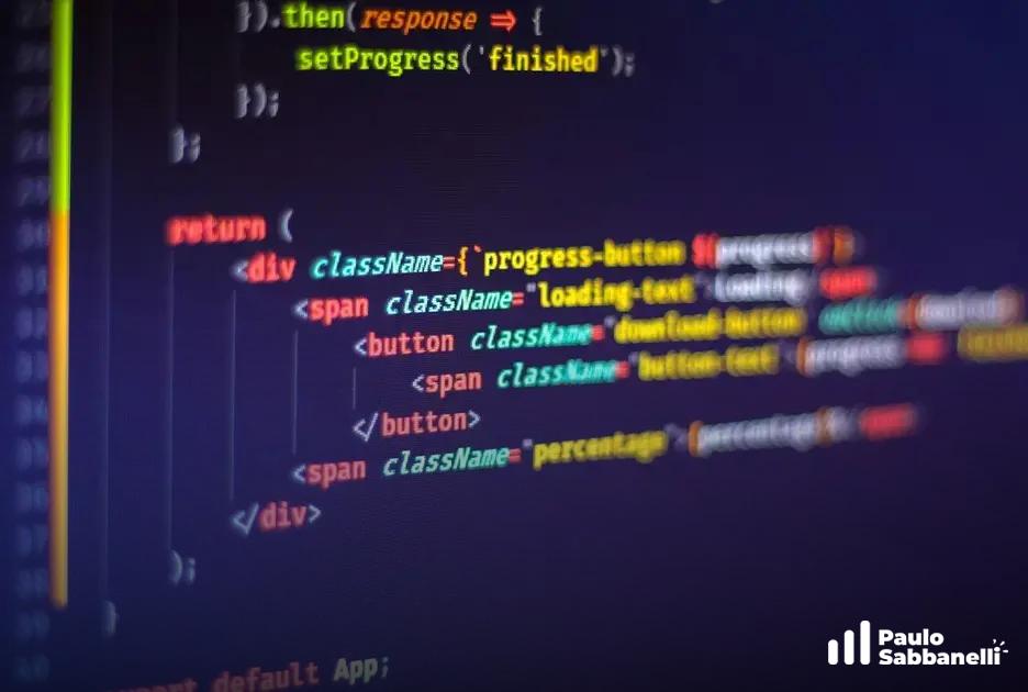 Código JSX desfocado mostrando um componente de botão de progresso com barra de porcentagem