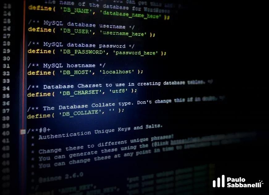 Código PHP em tons de verde definindo constantes de banco de dados como nome, usuário e senha