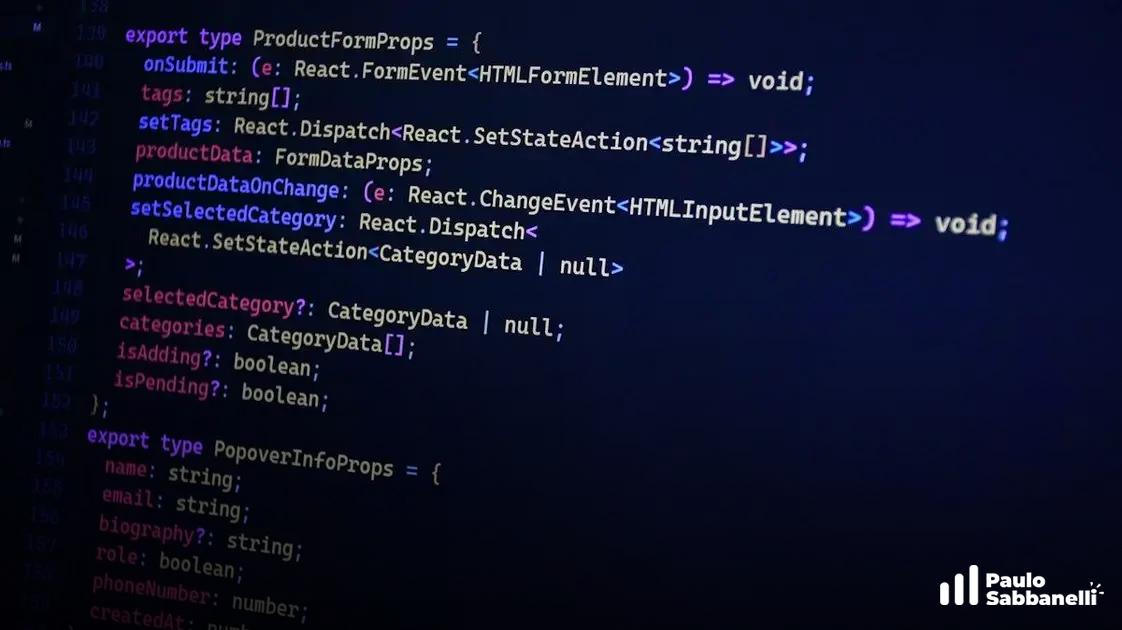 Código TypeScript definindo tipos de propriedades para um formulário de produto