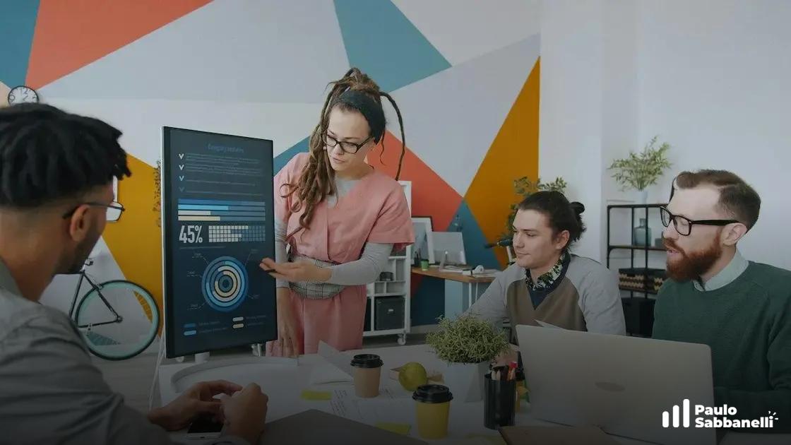 Mulher apresenta gráficos e percentuais em monitor durante reunião de equipe em sala colorida