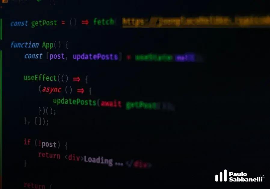 Tela desfocada com código React exibindo useEffect e requisição a uma API
