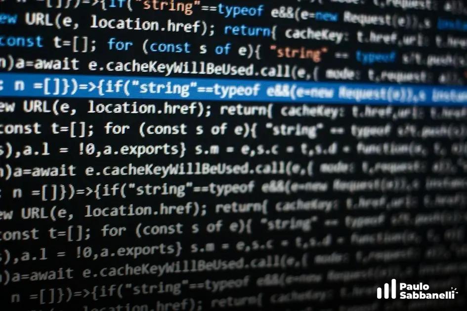 Código JavaScript minificado com linha em destaque azul sobre cache de URL