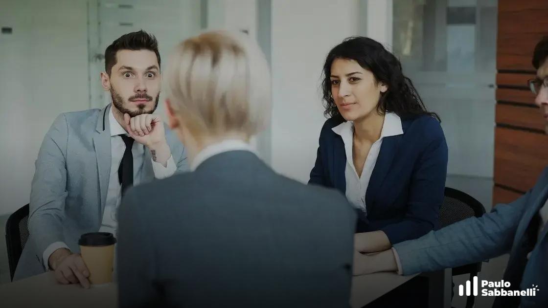Reunião de negócios com homem de expressão pensativa ouvindo duas colegas à mesa