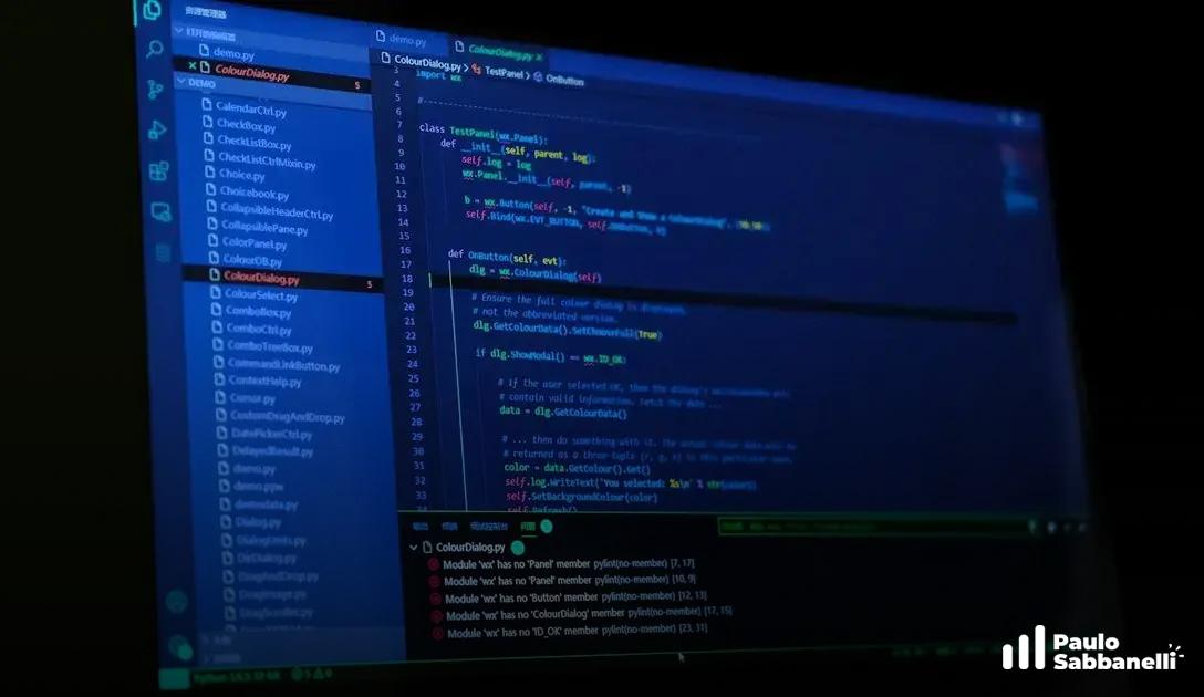 Editor de código em tom azulado exibindo árvore de arquivos e função de diálogo em Python