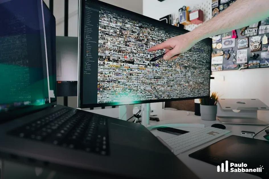 Mão aponta para grade de miniaturas de fotos em monitor grande de escritório com laptop ao lado
