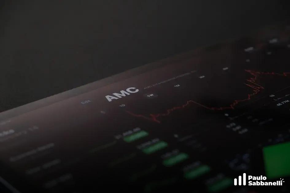 Tela escura exibe cotação da ação AMC com gráfico de candles e variações em verde