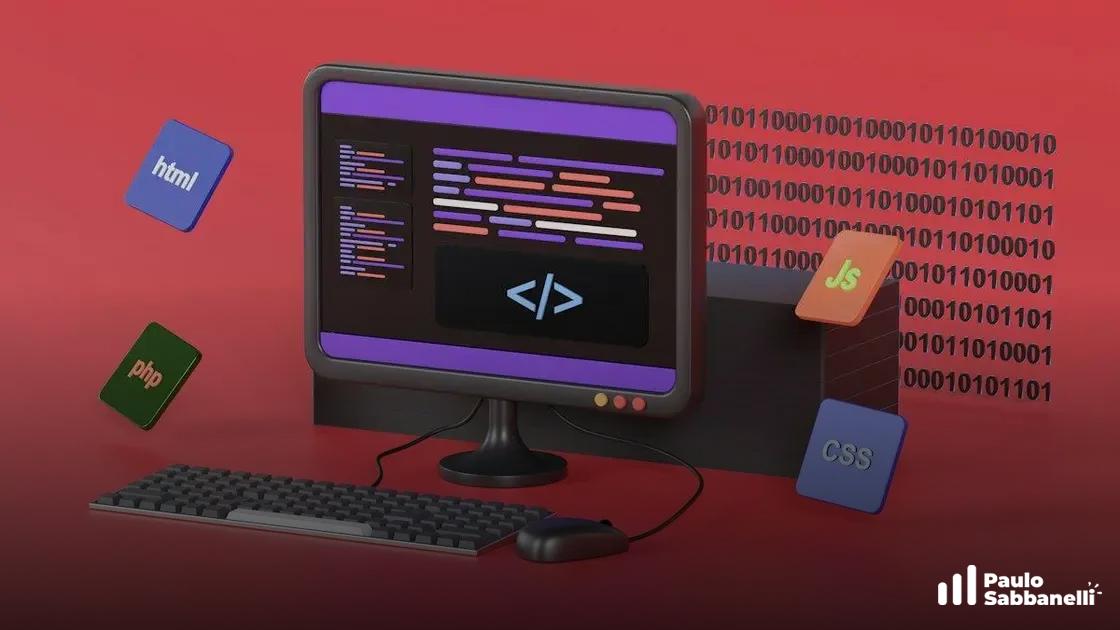 Ilustração 3D vermelha de um computador com código na tela e ícones flutuantes de linguagens web