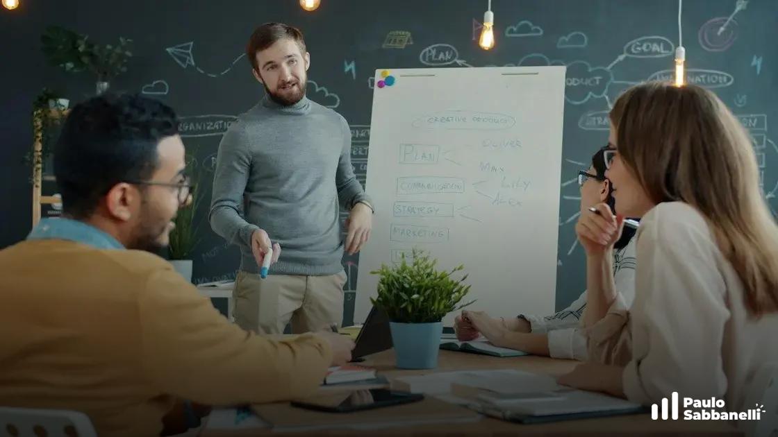 Homem apresenta um flipchart com anotações a dois colegas em sala com quadro-negro ilustrado