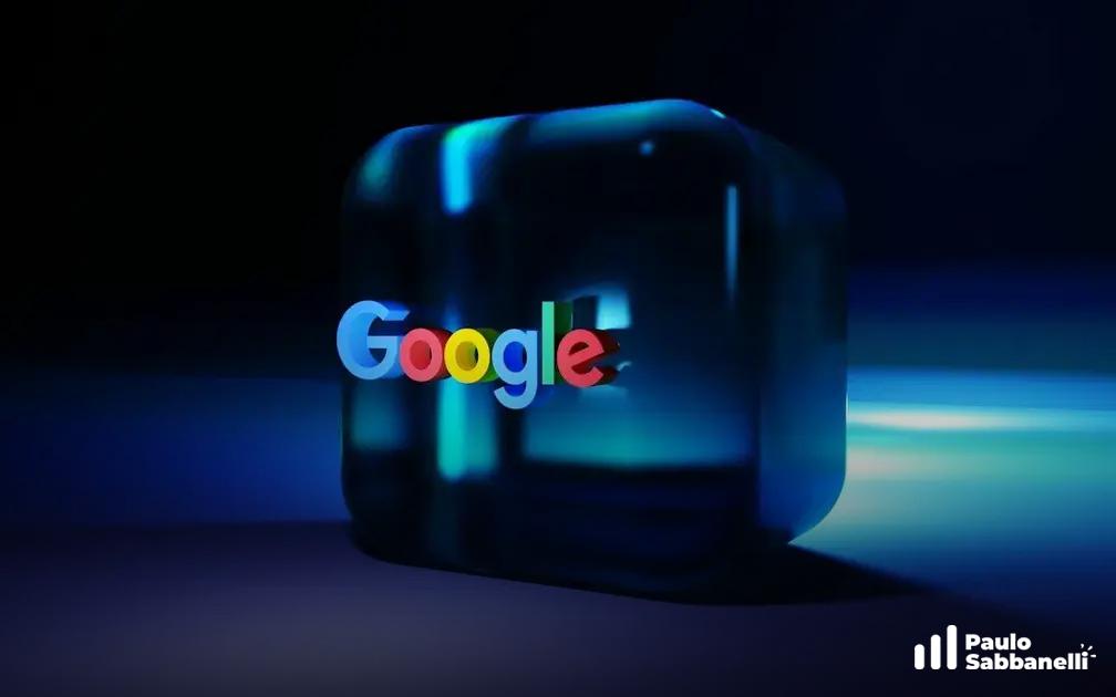 Cubo 3D de vidro com o logotipo do Google sobre fundo escuro com luz azul