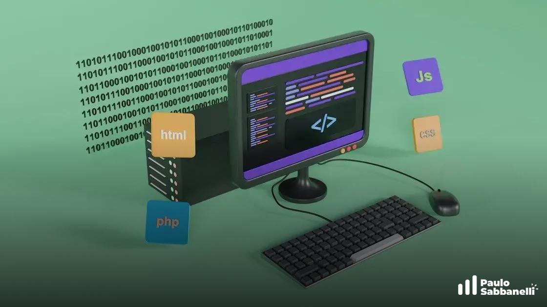 Ilustração 3D verde de um monitor com código colorido na tela e ícones de linguagens web flutuando ao lado
