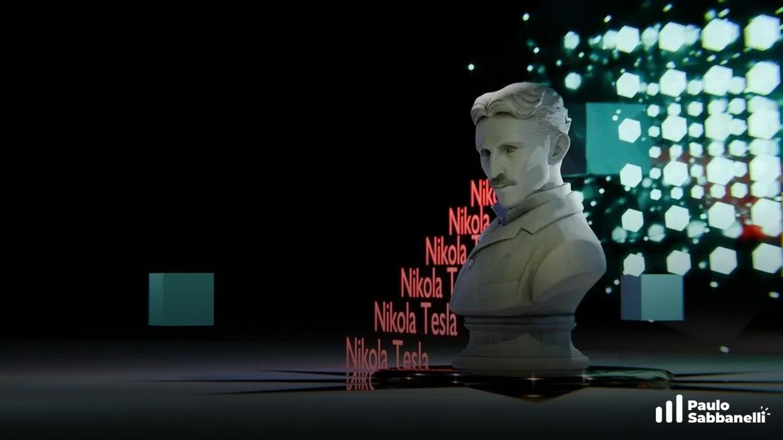 Busto tridimensional de Nikola Tesla com o nome repetido em texto vermelho flutuante