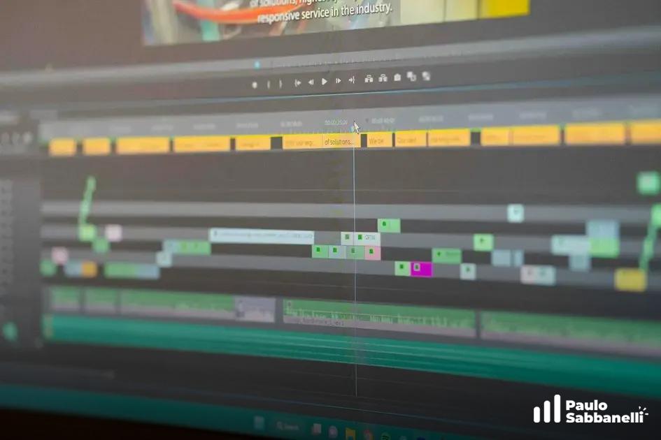 Linha do tempo colorida de um software de edição de vídeo com vários clipes organizados