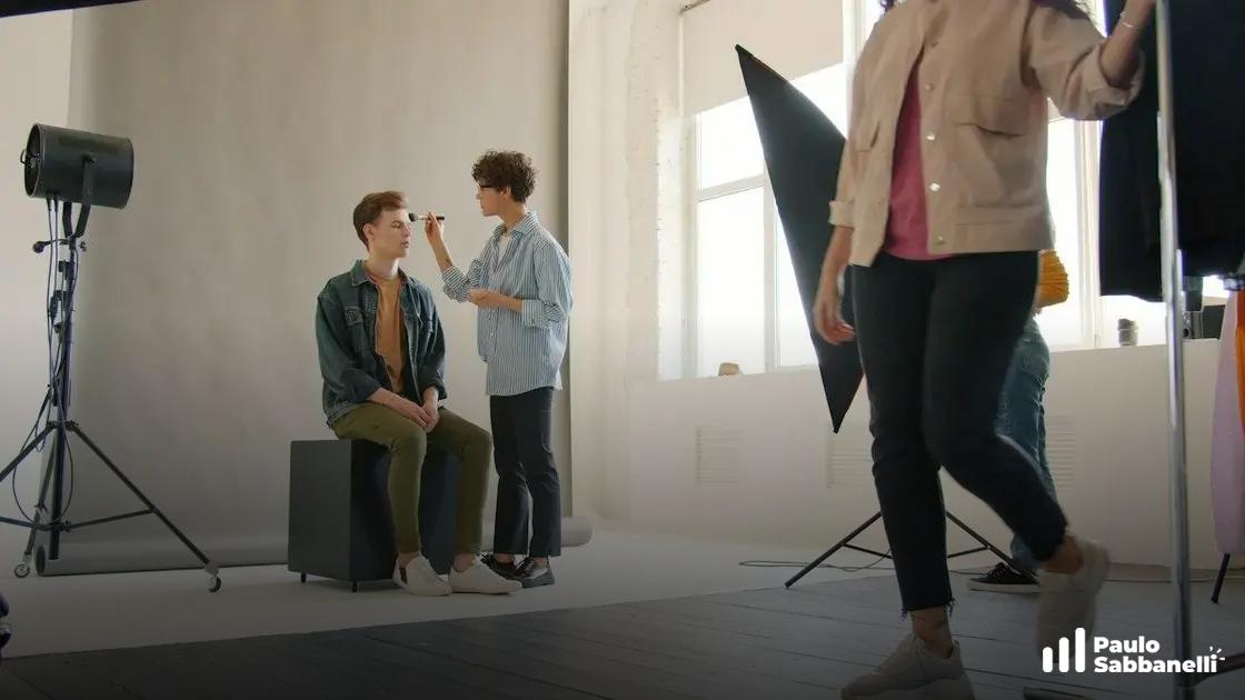 Bastidores de estúdio fotográfico com maquiador preparando modelo sentado, equipamento de luz ao redor
