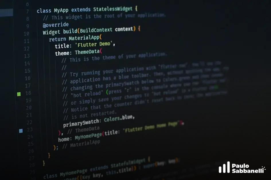 Editor com código Flutter em Dart, definindo um widget MaterialApp com tema azul