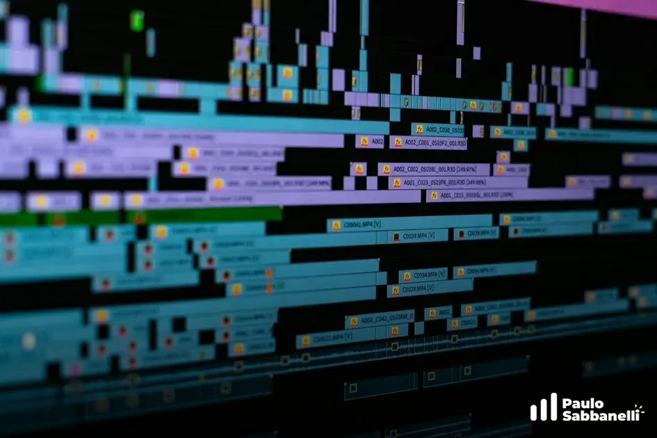 Linha do tempo de edição de vídeo em tons de azul e roxo, com trilhas de áudio e vídeo sobrepostas