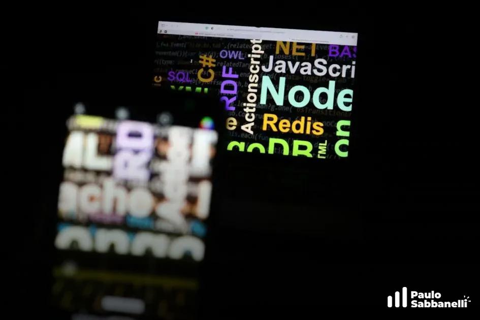 Ambiente escuro com telas exibindo nomes de linguagens como JavaScript, Node e Redis
