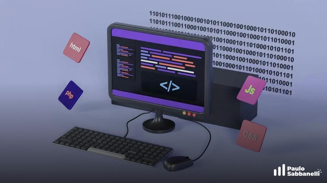Ilustração 3D de um monitor com linhas de código colorido cercado por ícones de HTML, PHP, JS e CSS