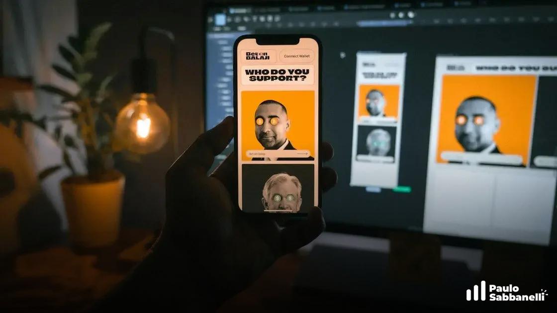 Mão segura celular com aplicativo exibindo rostos e a pergunta Who do you support em fundo laranja