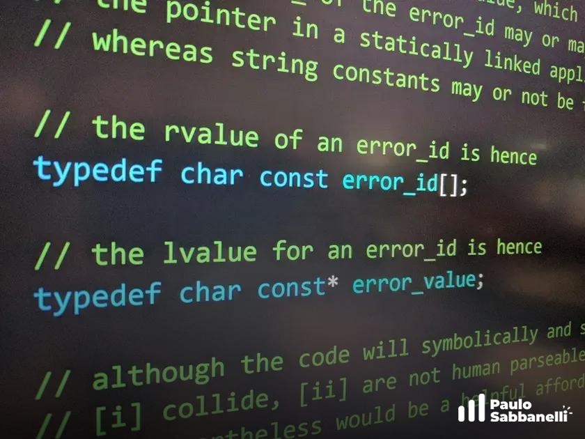Trecho de código em C com comentários explicando tipos typedef para identificadores de erro