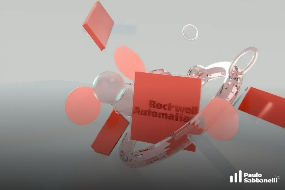 Ilustração 3D de formas geométricas vermelhas com o texto Rockwell Automation