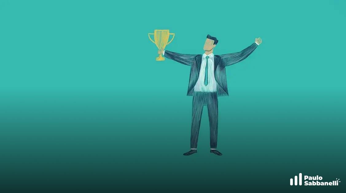 Ilustração de homem de terno erguendo um troféu dourado com os braços abertos