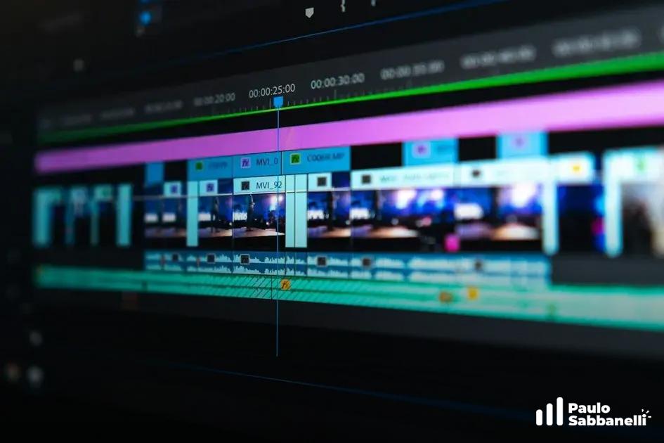 Linha do tempo de edição de vídeo com faixas coloridas em software profissional