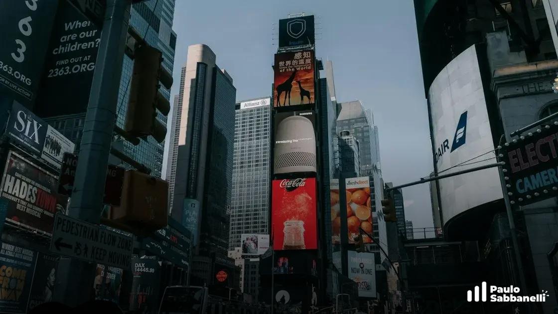 Vista de rua urbana com prédios e painéis publicitários iluminados, incluindo anúncio da Coca-Cola