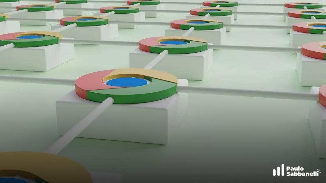 Diversos ícones do navegador Chrome em 3D dispostos em fileiras sobre pedestais brancos
