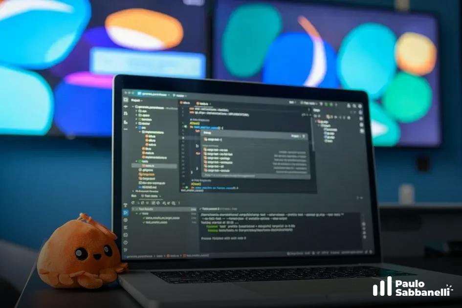 Notebook com código na tela ao lado de um mascote de pelúcia laranja, com monitor colorido desfocado atrás
