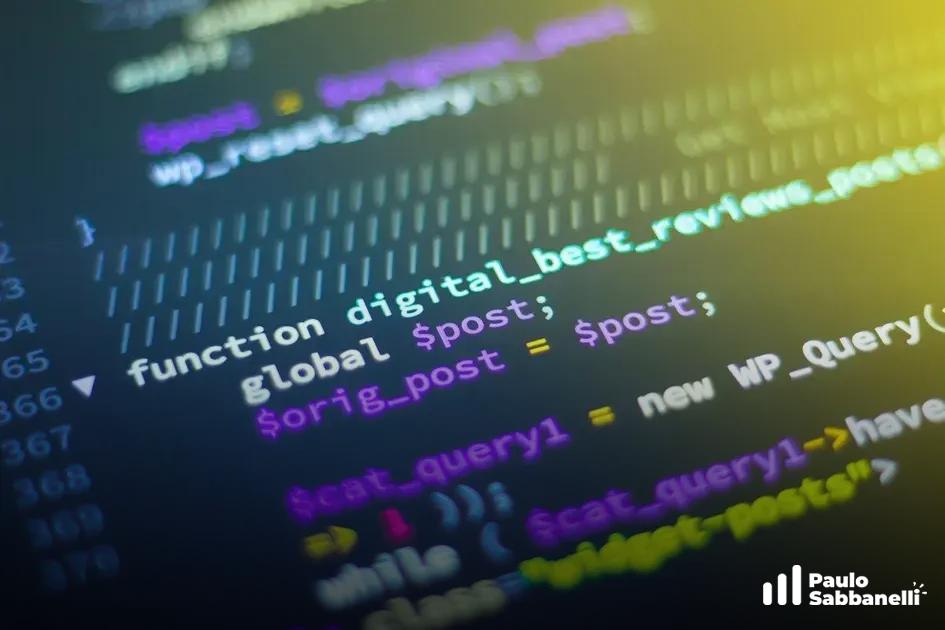 Close colorido de código PHP do WordPress com uma função relacionada a posts, em tons de roxo e amarelo