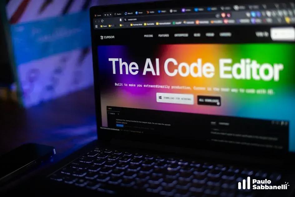 Notebook exibe site do editor de código Cursor com fundo gradiente colorido