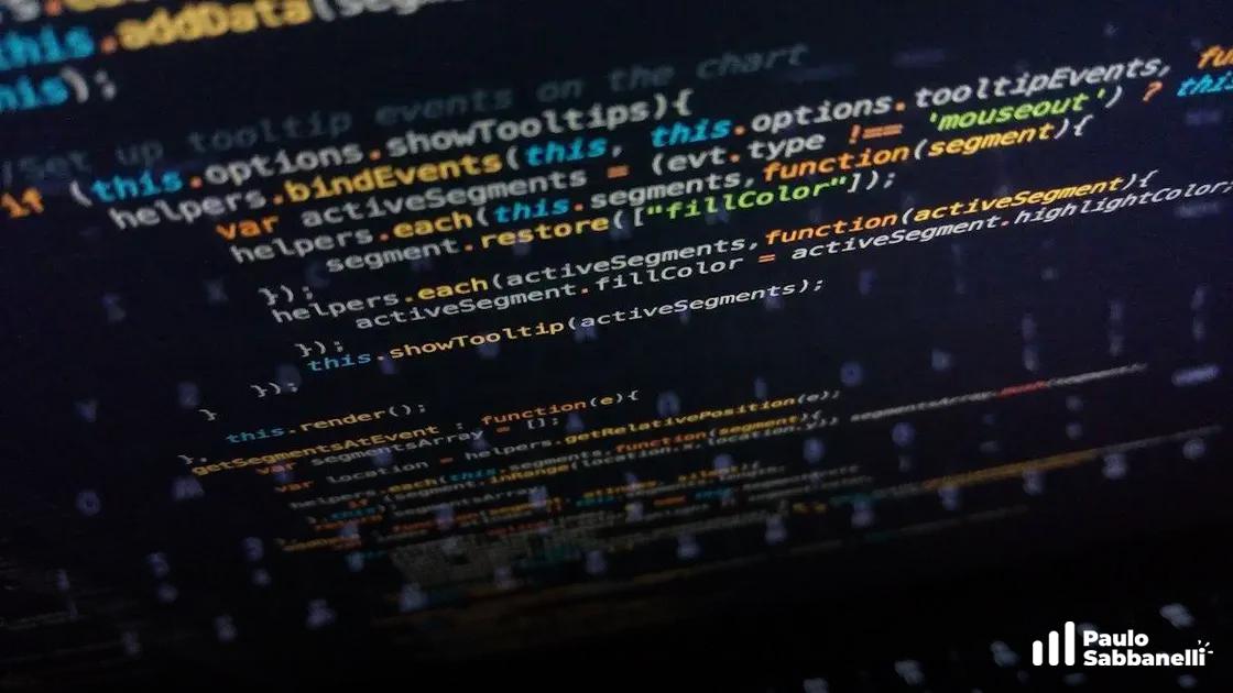 Código JavaScript em verde e roxo sobre fundo escuro com padrão de pontos sobreposto na parte inferior