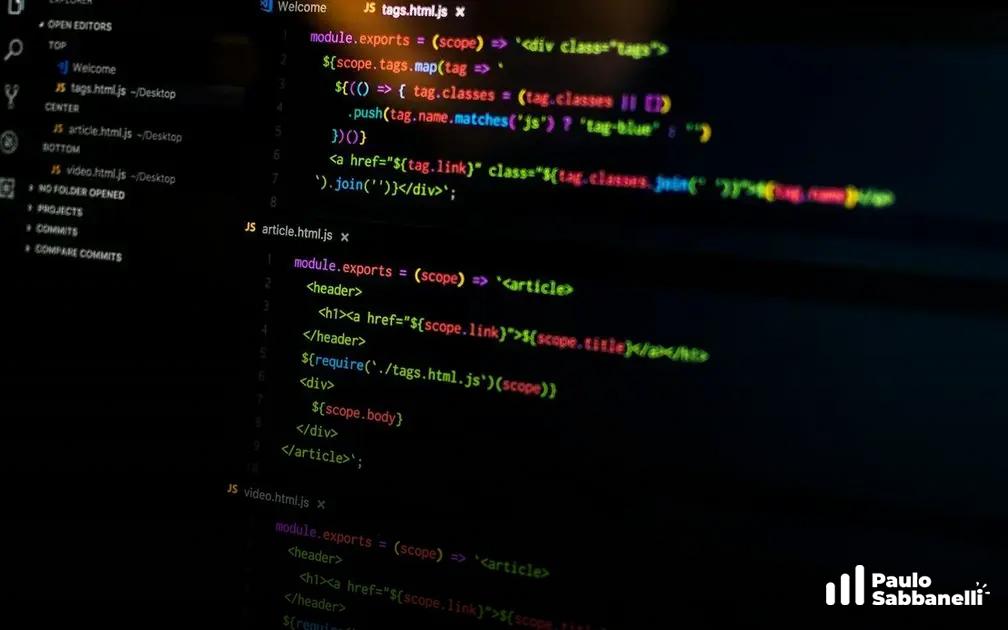 Editor de código com abas abertas de tags.html.js e article.html.js e menu lateral de arquivos