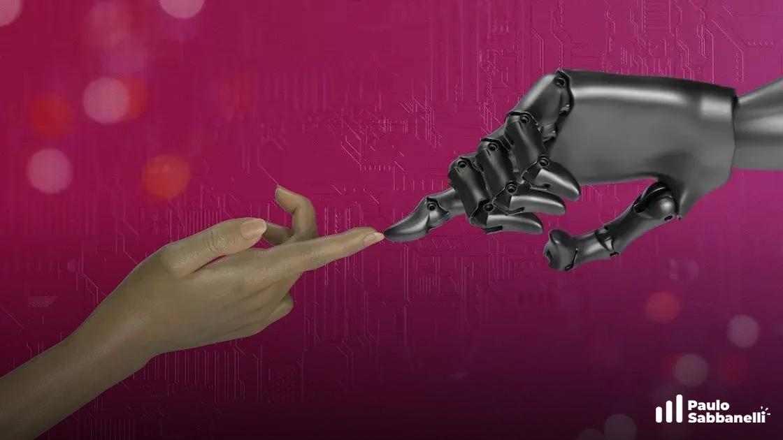 Mão robótica metálica se aproxima de mão humana sobre fundo rosa com padrão de circuito