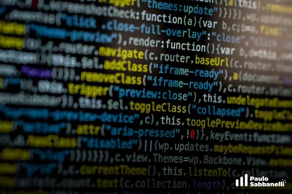 Código desfocado com funções de tema e roteamento em JavaScript colorido